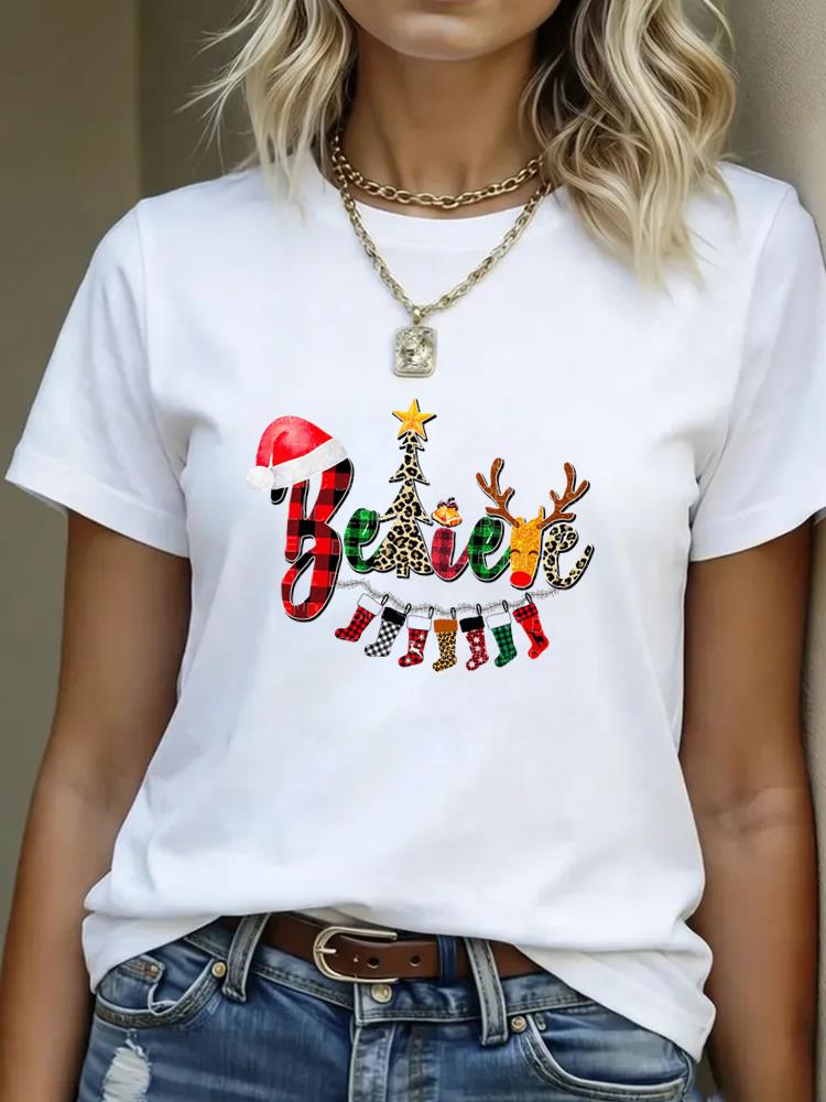 (Asian Size) tree watercolor  T Shirt Print Casual New Year Short Sleeve T-shirts Merry Christmas Fashion Women's Top O-neck Clothing Graphic Tee