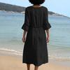 Vintage Hollow Out Lace Round Neck Midi Dress Women Cotton Linen Casual Loose Fit Half Sleeve Summer Dress