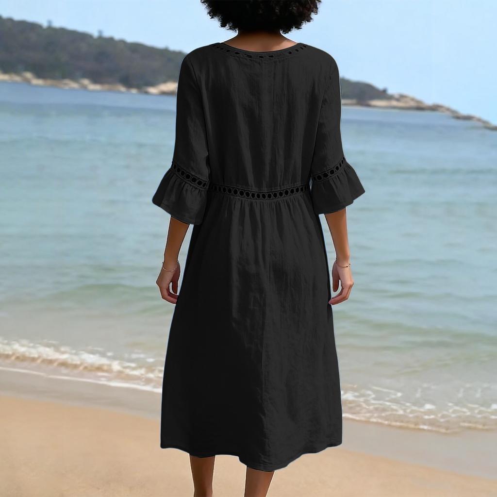 Vintage Hollow Out Lace Round Neck Midi Dress Women Cotton Linen Casual Loose Fit Half Sleeve Summer Dress