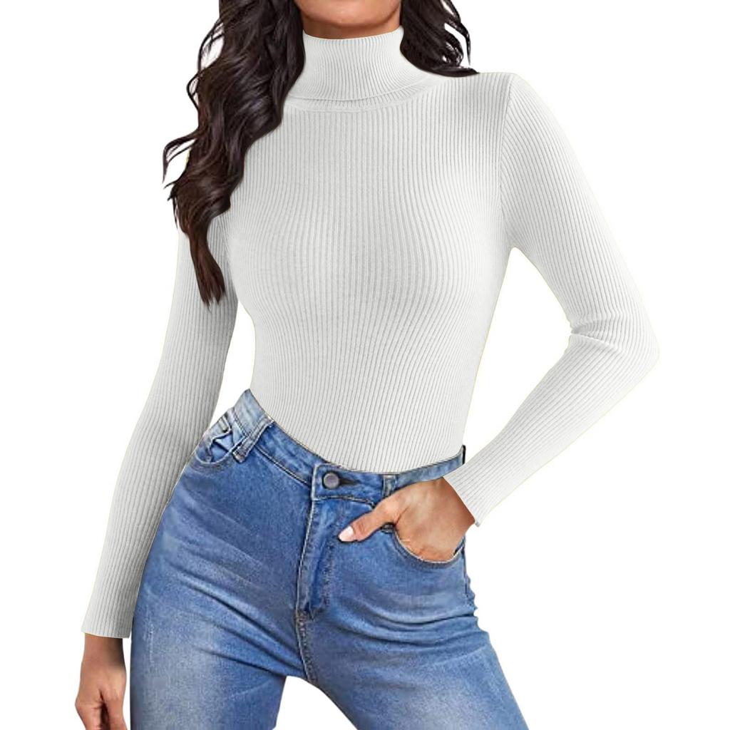 Women's Fashion High Neck Slim T-Shirt Long Sleeve Pullover Solid Colour Top
