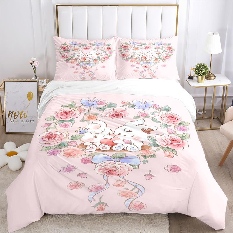 3-teiliges gestepptes Bettwäsche-Set mit Love Flowers & Bunnies-Druck - Weiche und bequeme Bettbezüge für Schlafzimmer, Gästezimmer und Wohnheime Dekorative Bettwäsche Se