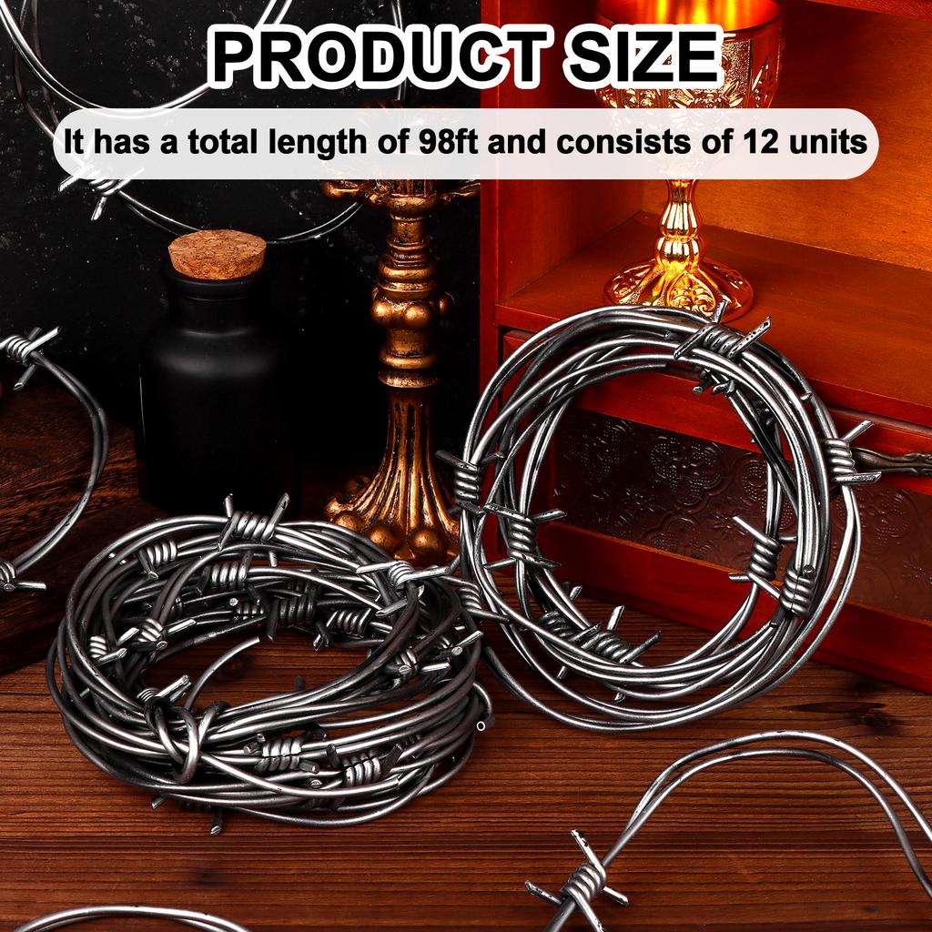 98 Foot Silver Fake Rusted Barbed Wire Decoration 12 Pcs Halloween Plastic Barb Wire Decoration Prop Western Decor Rusty Western