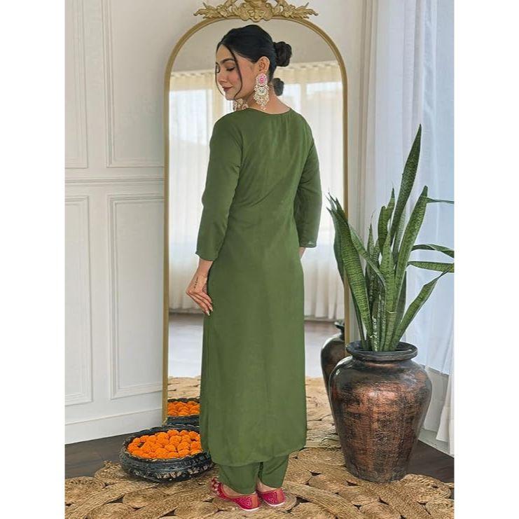 Women's Rayon Embroidered Straight Kurta with Pant and Dupatta Sets (Available In Plus Size)