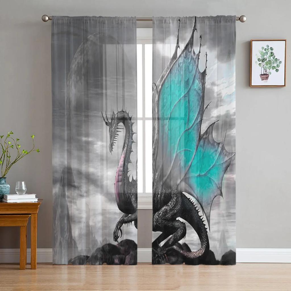 Chinese Style Black Dragon Blue Tulle Sheer Window Curtains for Living Room the Bedroom Modern Voile Organza Curtains Drapes