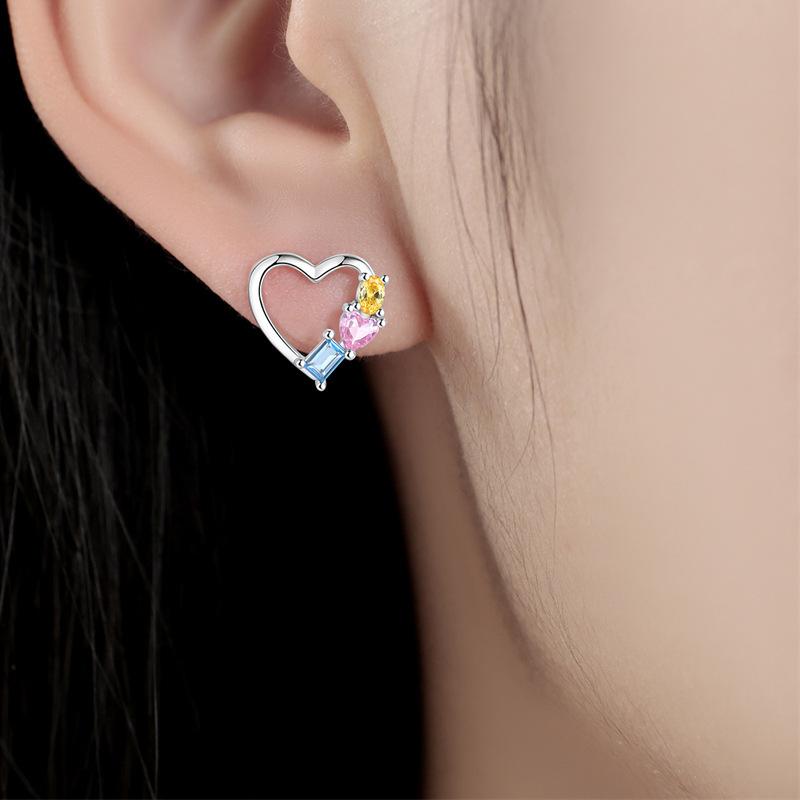 Barbie earrings [Pure Silver·Original Design] Hollow heart-shaped colorful zirconium earrings, elegant and high-end, ins style love ZJYES-YS-213