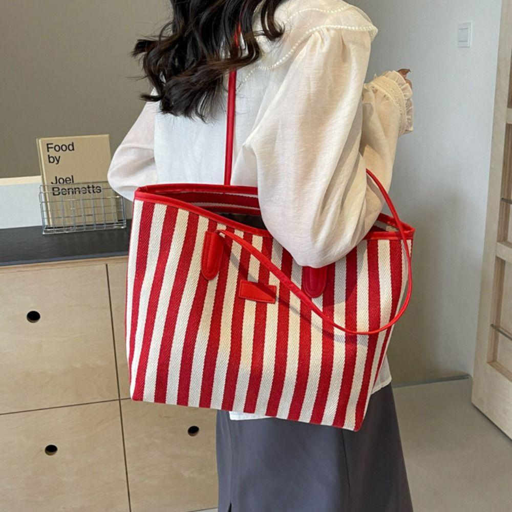 Korean Style Shoulder Bag Zipper Shopping Handbag Simple Stripe Canvas Tote Bag  Women