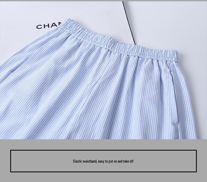 Fashionable Blue Striped High-Waisted Wide-Leg Pants with Lace-Up Waist, Perfect for Spring and Autumn, Available Now