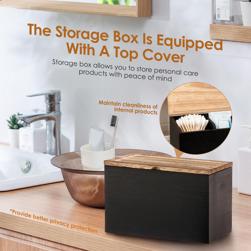 Wood Tampon Holder Sanitary Napkin Storage Bin with Lid and 2 Removable Dividers Feminine Product Organizer for Kitchen Bathroom