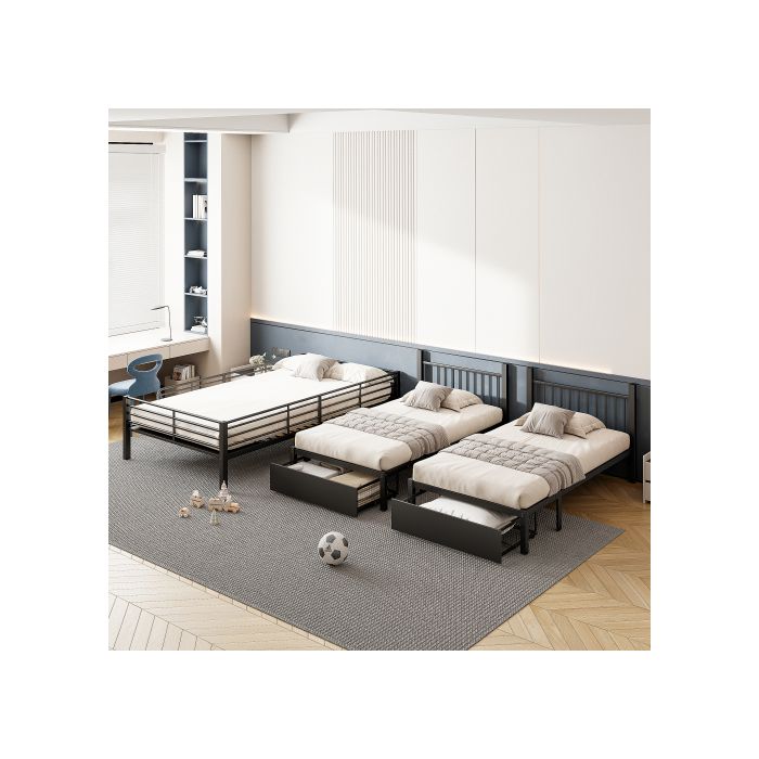 Triple Bunk Bed - MUVOE - Convertible 140x200 and 90x200 - Black - With Drawers - Metal