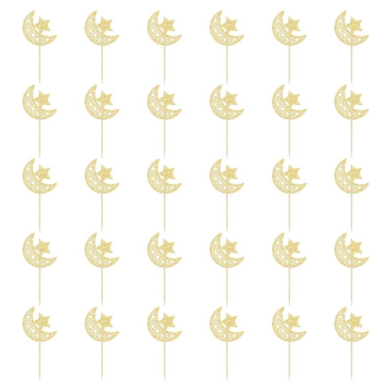 

30 Pieces Elegant Cake Decorations for Eid Festivals Moon Star Themes Easy Installation Toppers for Family Parties 1