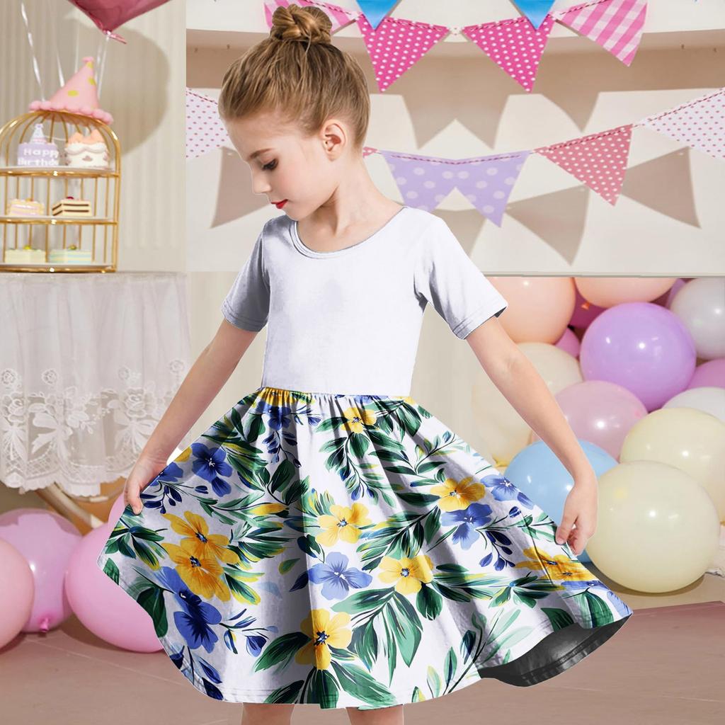 Girl Summer Dress Toddler Skater Dress Color Short Sleeve Casual A-Line T-Shirt Dress