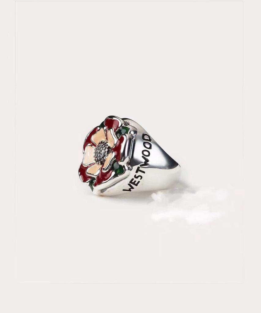 Gilt Copper Cloisonné Enamel Tudor Rose Ring Inspired by Empress Dowager Cixi's Vintage Style