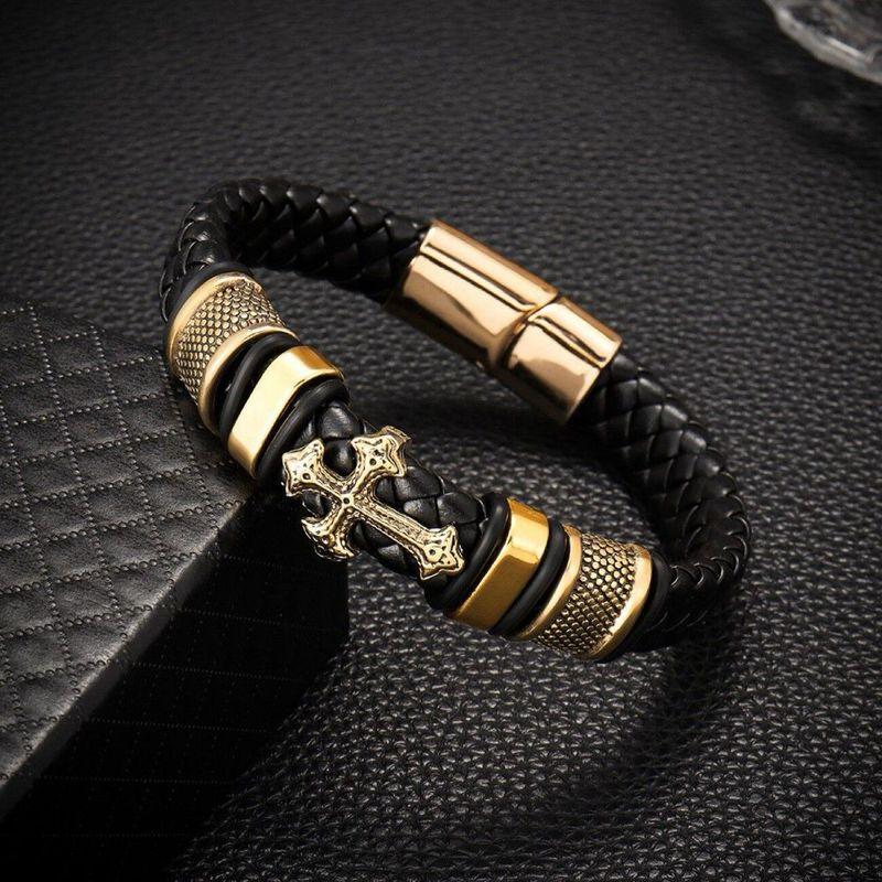 European and American Black Warrior Men's Leather Bracelet Trendy Punk Heavy Metal Cross Braided High-End Fashion Personalized Bracelet