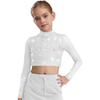 Dívčí průhledný síťovaný crop top s dlouhým rukávem a rolákem, lesklé kamínky, klíčová dírka vzadu, kostým pro lyrický tanec