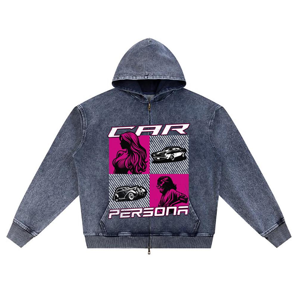 DTG print Knitted Denim Zip-Up Hoodie Car Persona Brother Print Zipper Hoodies  