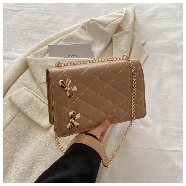 Fashion Rhombus Chain Bow Hardware Decoration Shoulder Women'S Crossbody Small Square Bag