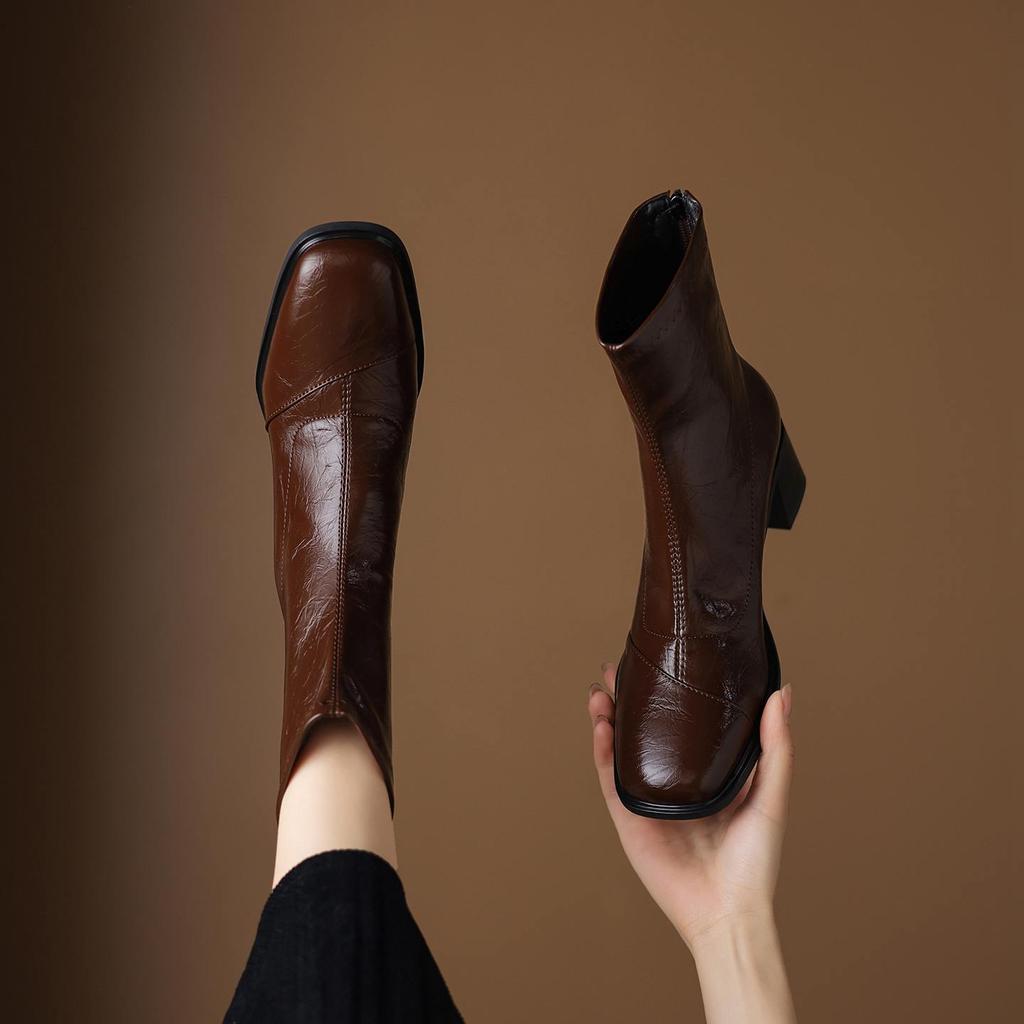 Krazing Pot Microfiber Square Toe Med Heels Elastic Boots Size 43 Slip On Women  Basic Design Ankle Boots