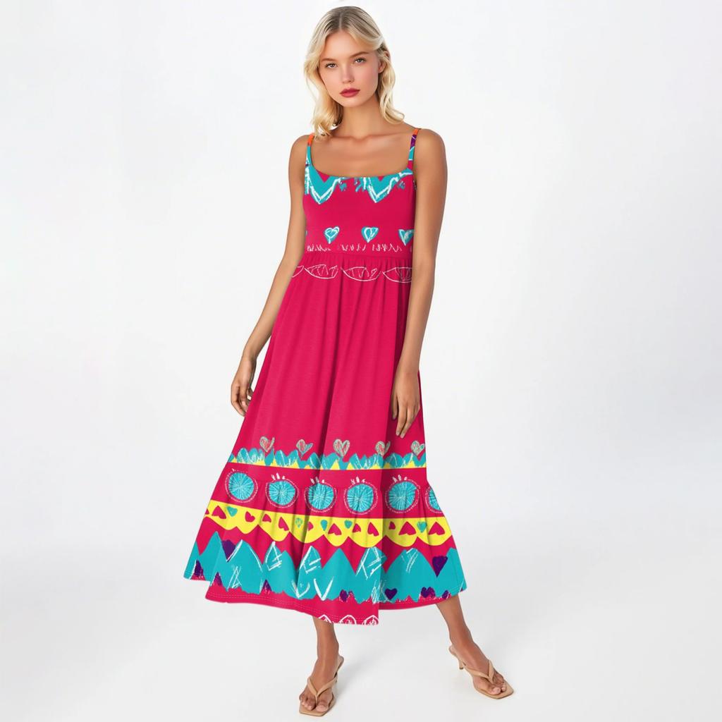 Damska Długa Plażowa Codzienna Elegancka Sukienka Maxi na Cienkich Ramiączkach, Szyta, Subtelna, Zwiewna Sukienka w Stylu Boho