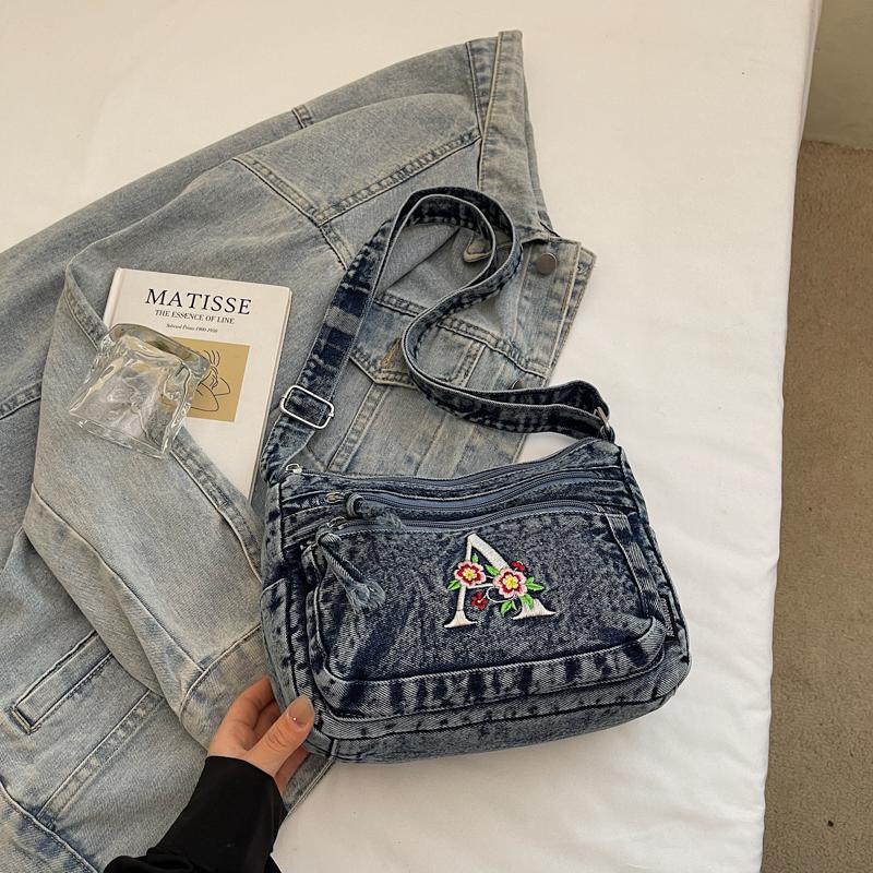 Multi-layer Denim Bag Vintage Shoulder Bag Women's Embroidered Crossbody Bag