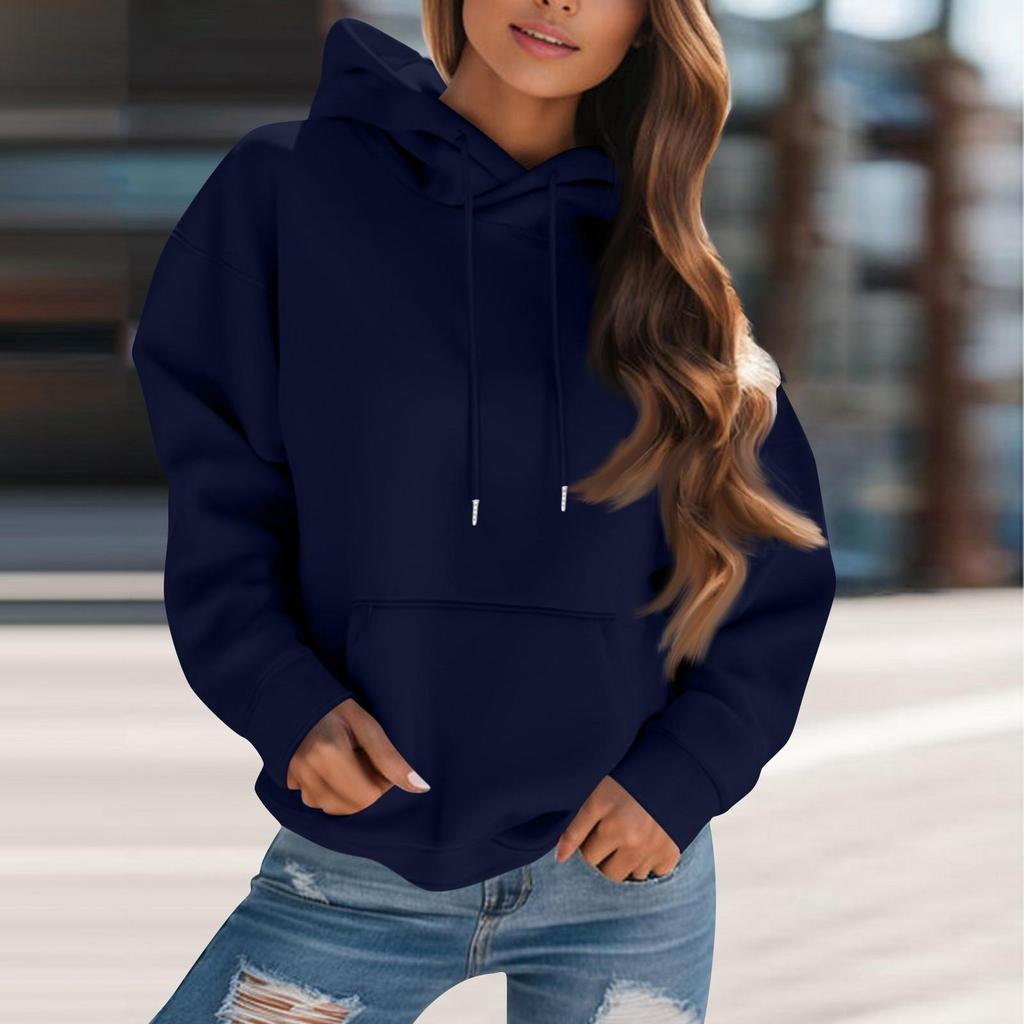 Women's Fashion Solid Color Hooded Drawstring  Long Sleeve Loose Pullover Sweatshirt Top