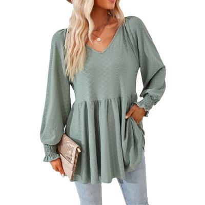 Autumn Winter Top for Women Solid Color Patchwork V-neck Jacquard Long Sleeve Loose T-shirt