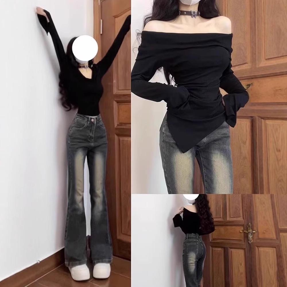

2024 Autumn Women s Micro-Flare Jeans: High Street, Straight Slim Fit, Wide Leg M