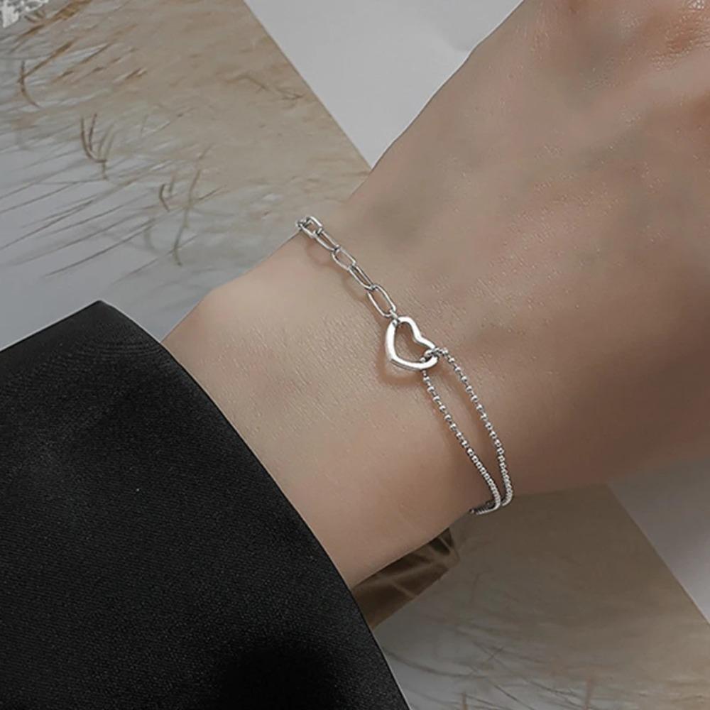 925 Silver Double Love Heart Hollow Beads Bracelet Adjustable Romantic Jewelry for Women Fashion Classic