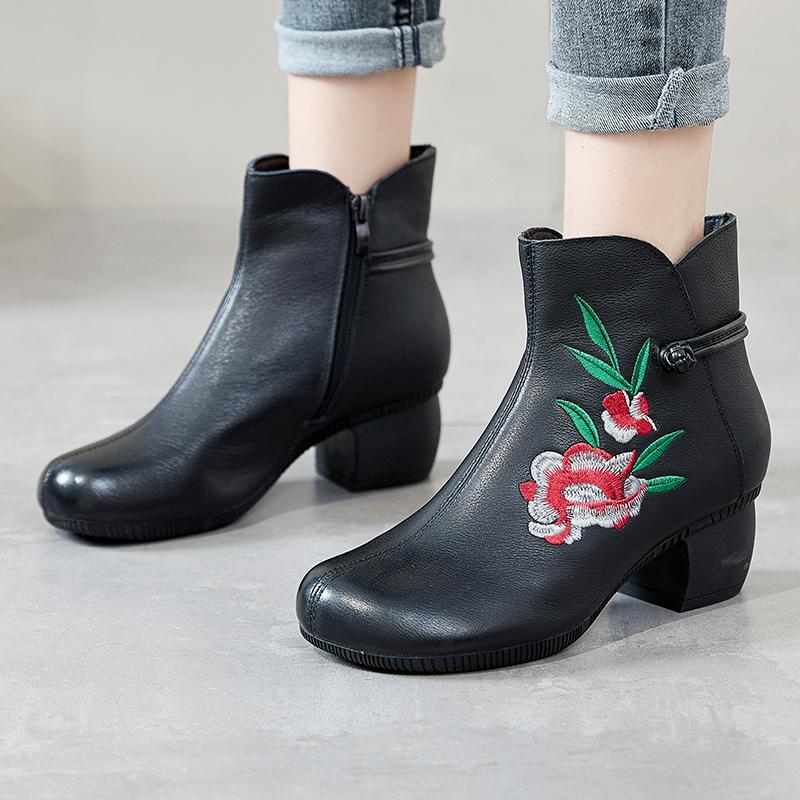 Fashion GKTINOO Floral Ankle Boots For Women Autumn Winter Genuine Leather Women's Boots Retro Handmade Comforable Shoes High Heels