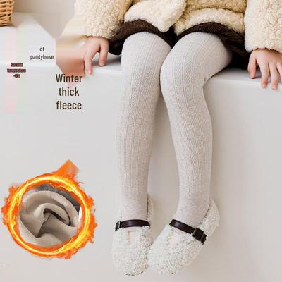 Girls' Fleece-Lined Cotton Linen Pattern Leggings - Warm Nine-Point Pantyhose for Autumn & Winter