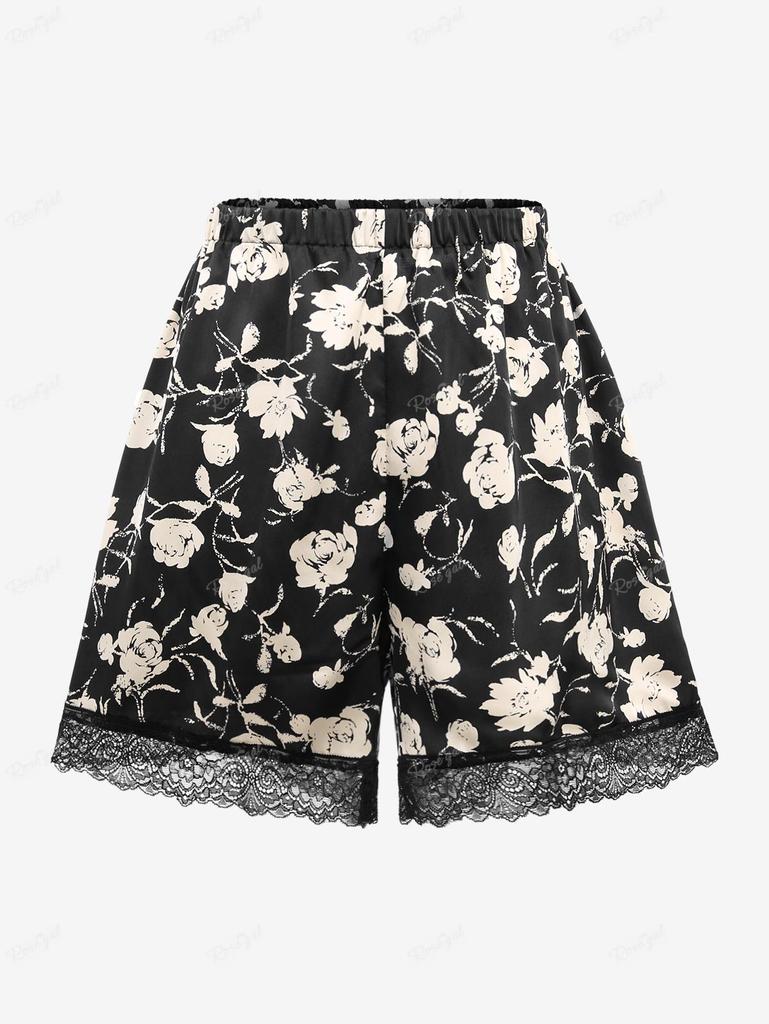 Rosegal Plus Size Rose Flower Print Lace Trim Crisscross Ruched Bowknot Camisole Set(Adjustable Shoulder Strap)