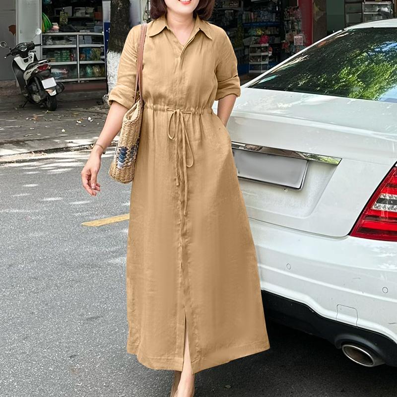 ZANZEA Women Casual Turn Down Collar Loose Long Sleeve Dress
