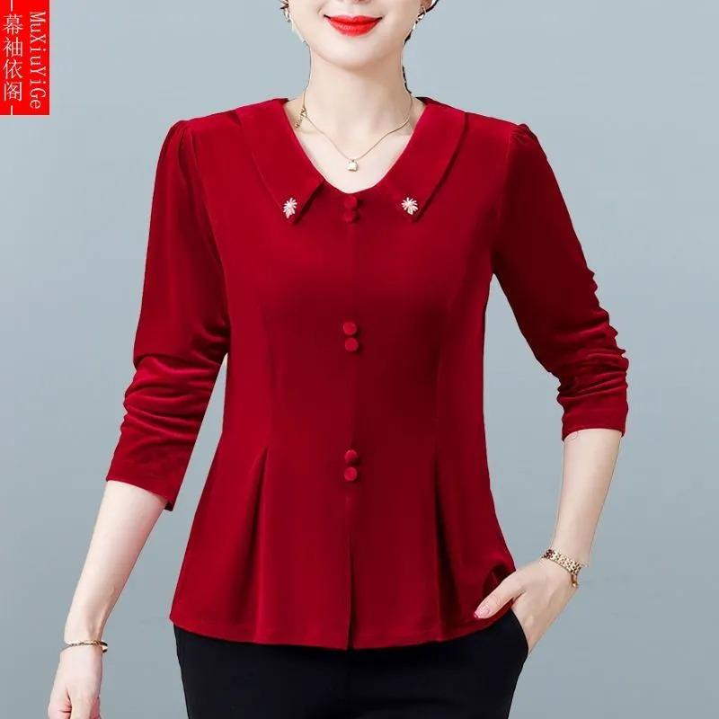 

Spring and Autumn Women s Buttoned Long Sleeve Solid Color Pullover Chiffon Fashion Casual Top XL красный