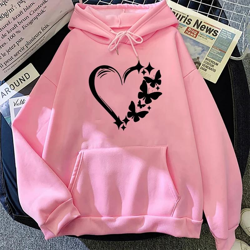 Love and Butterfly Pattern Hoodie Autumn Winter Women Casual Fashion Hip Hop Street Hoodies Simple Fleece O-Neck Sweatshirts