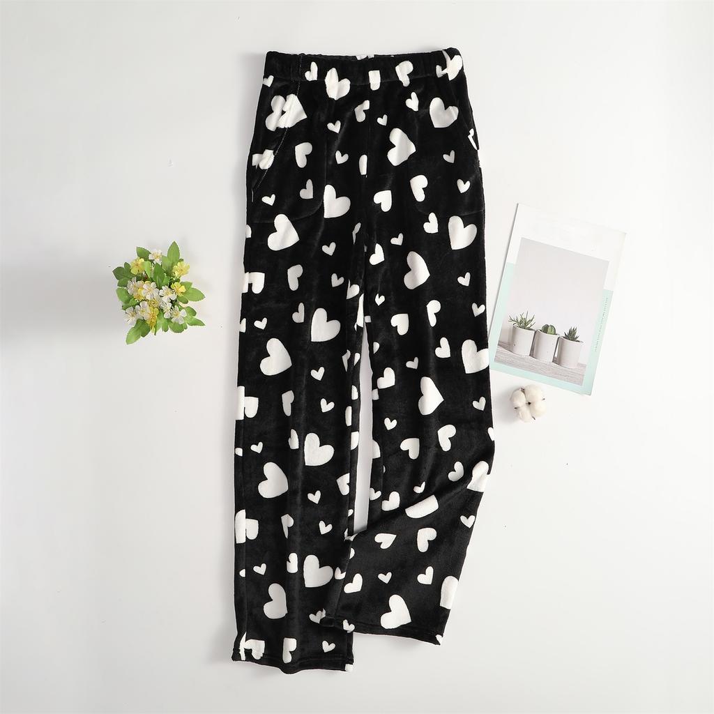 Damen Pyjamahose Plüsch Schlafhose Weiche Elastische Taille Pyjamaunterteil Gemusterte Hose Mit 2 Taschen