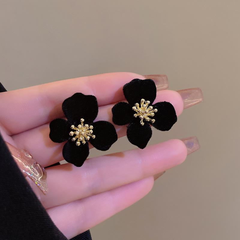 Vintage Wine Red And black Velvet Flower Stud Earrings For Women Fine Zircon Gift Accessories