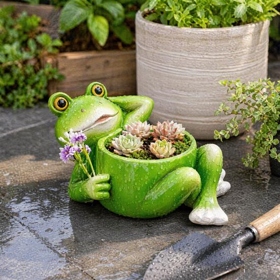 Frog Planter, Funny Lying Frog Flower Pot, Resin Animal Plant Container for Home Office Desk Garden Decor