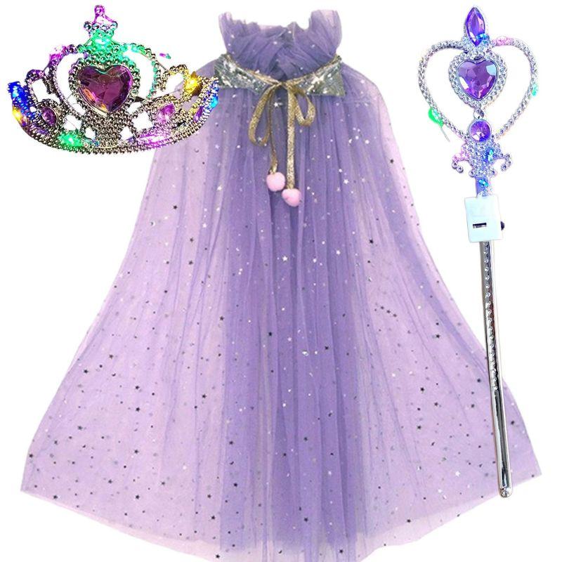 

Светящиеся крылья ангела из перьев, украшение на спину для девочки, светящаяся одежда для выступлений на Хэллоуин и Рождество, подарок на день рождения для маленькой девочки Purple Cape + lamp crown + Heart diamond stick