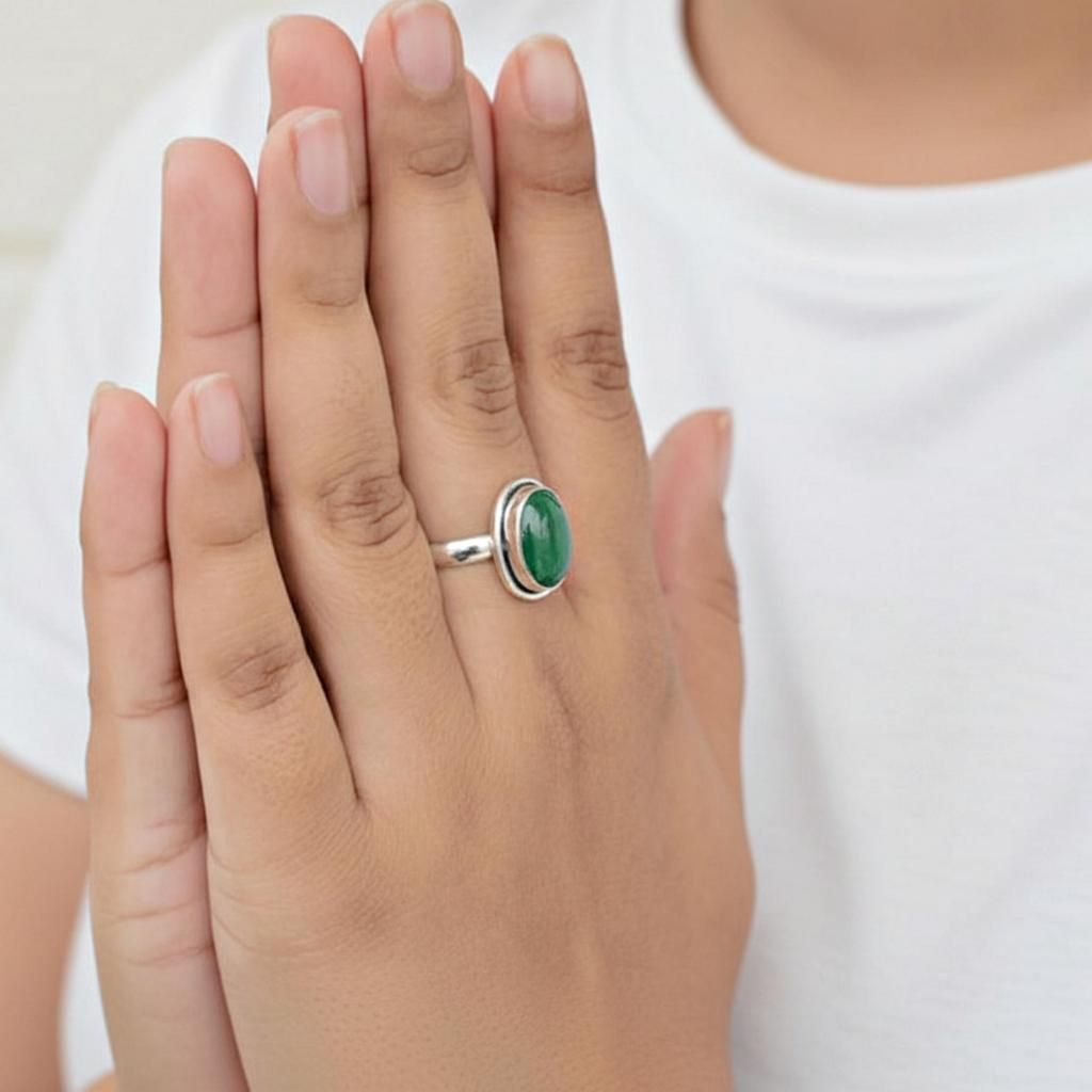 Green Malachite Oval Statement Ring, 925 Sterling Silver, Minimalist Bohemian Ring for Women