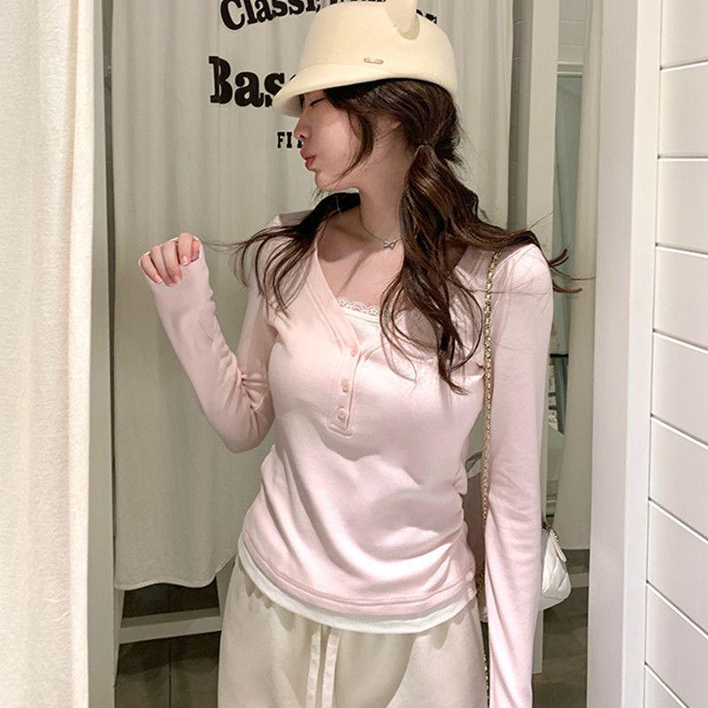 

Women s Slim Fit Cropped Long-Sleeve T-shirt - Unique Fake Two-Piece Design for Autumn & Winter S рожевий