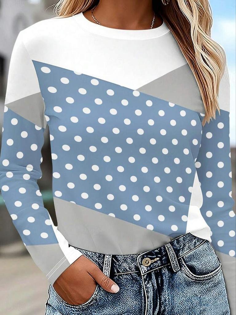 Long Sleeve T-Shirt, Spring/Autumn Outdoor Top, Blue, White, Grey Color Block Pattern, Classic Polka Dot Pattern