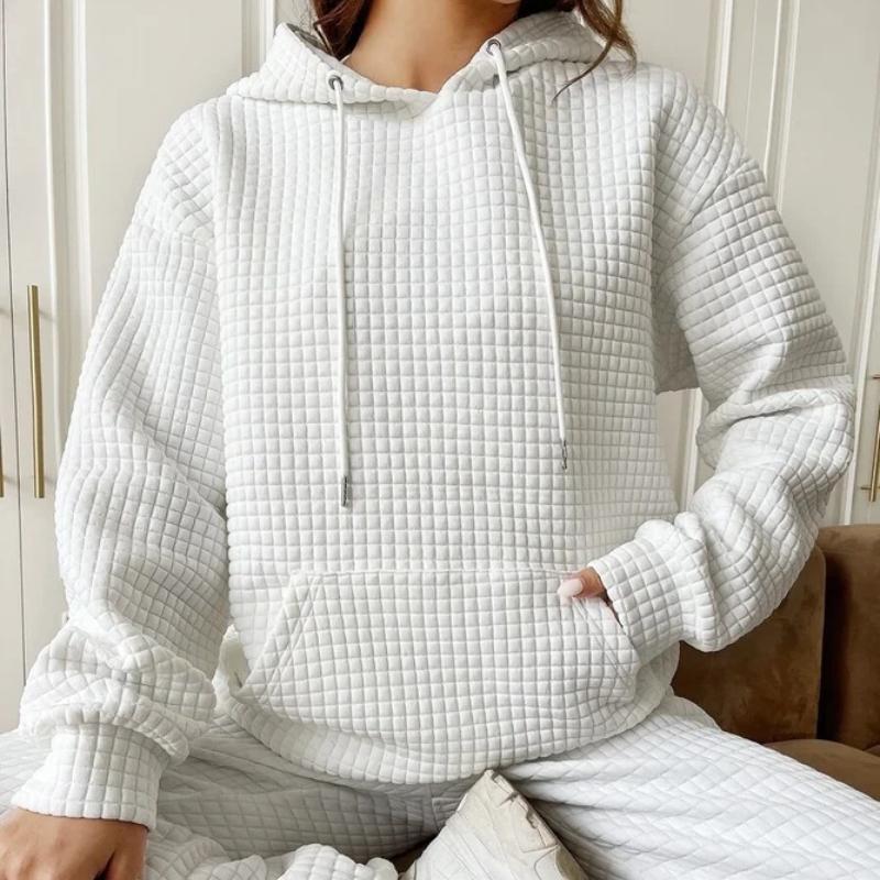 Autumn and Winter Ladies Casual Solid Color Waffle Hooded Long-sleeved Sweater