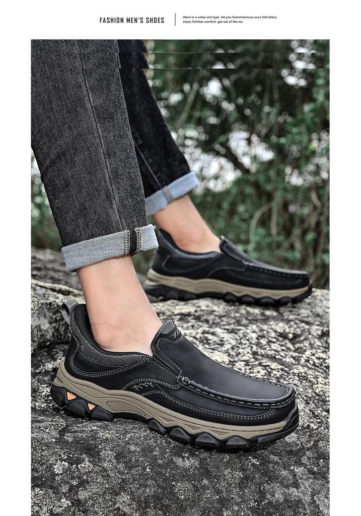 Men's Four Seasons Leather Slip-On Loafers: Thick Sole, Wear-Resistant, Casual Outdoor Shoes