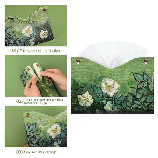 Space Saving Paper Holder PU Leather Tissue Box Cover with Wild Rose/Sunflower Pattern, Foldable Desktop Organizer, Napkin Case, Facial Organizer