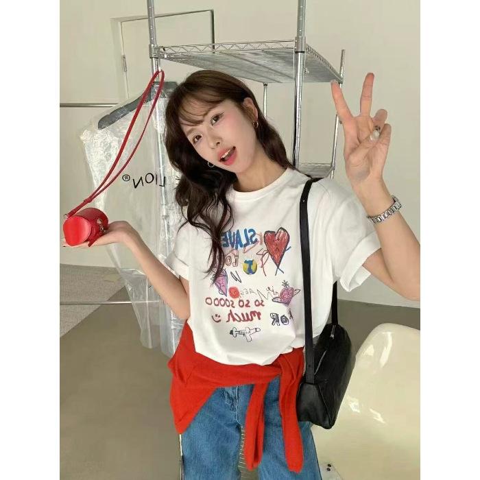 Korean Wear White Printed Crew Neck Short Sleeve T-Shirt Women s 2026 Spring New Design Niche Casual Top M белый
