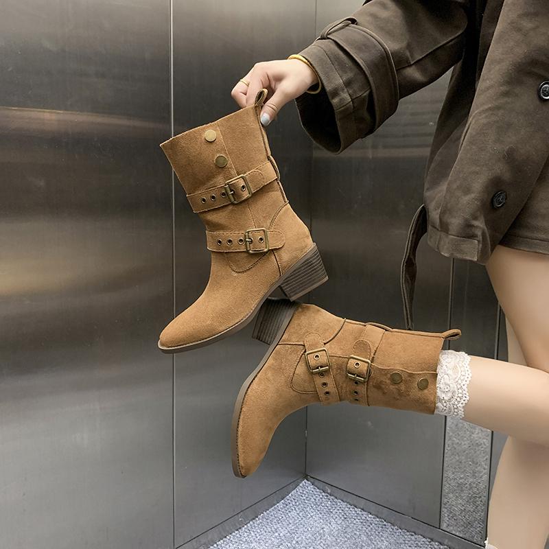 Winter Comfortable/Non Slip Large Thick Heel Midsole Boots Fashion New Round Head Double Buckle Elegant Casual Boots For Women