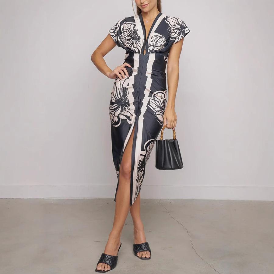 

лето 2025 новая европейская и американская женская одежда с принтом, с разрезом, сексуальное платье с низким вырезом и V-образным вырезом, облегающее бедра XXL чёрный