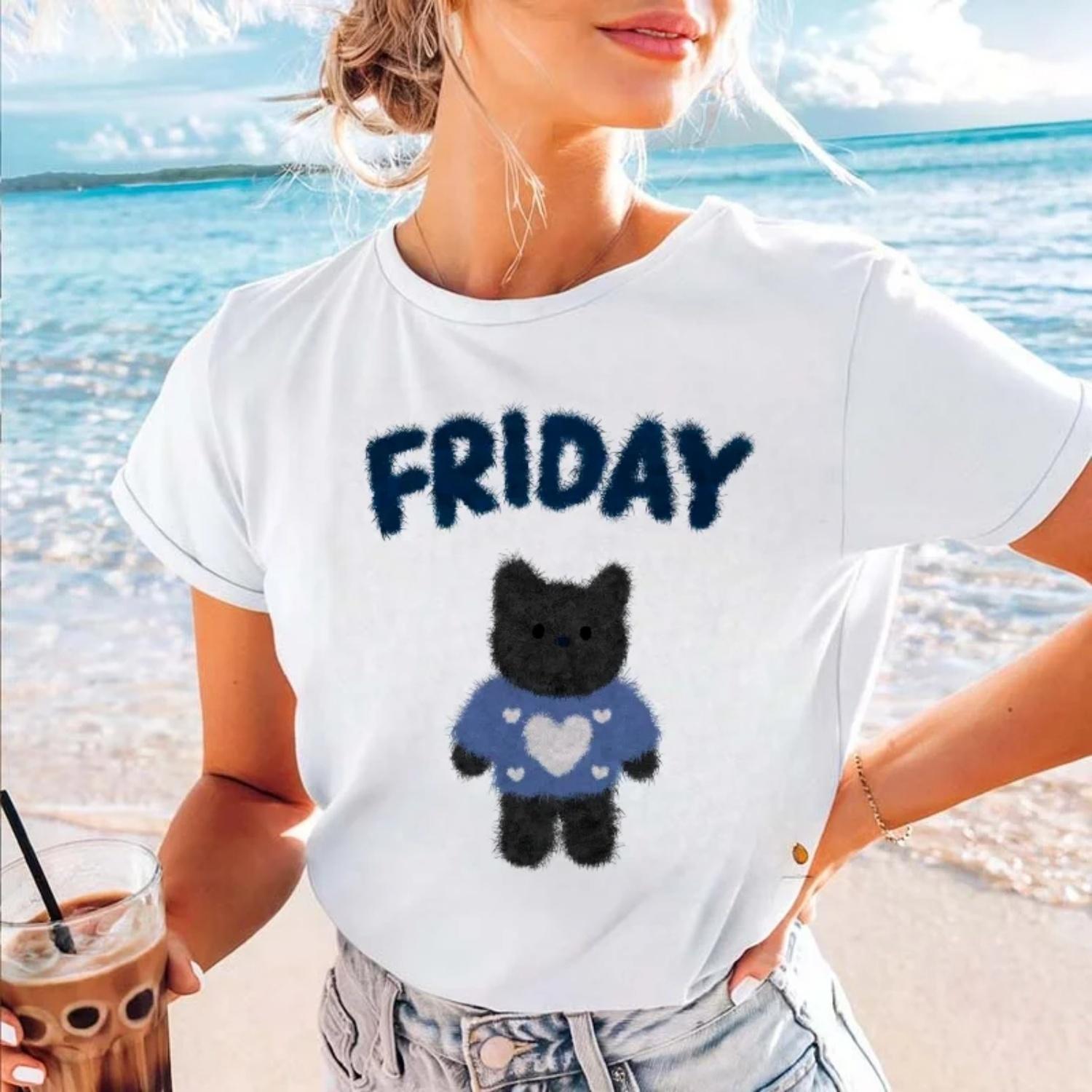 Cute Cat Pattern Women s Basic Casual Style Summer New Top White T-Shirt Women s Simple Cartoon Kawaii Short Sleeved T-Shirt S