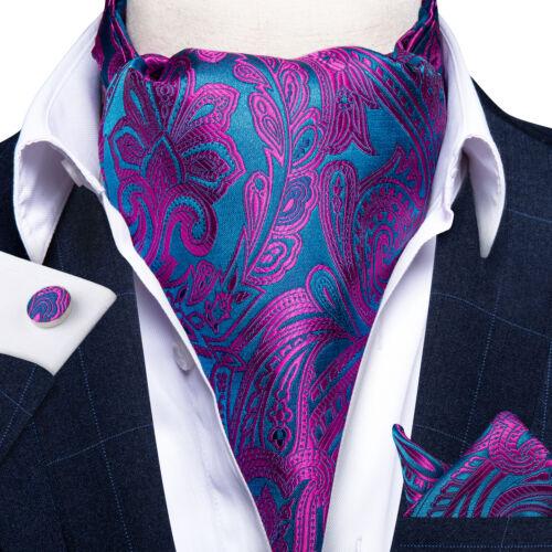 Mens Ascot Silk Cravat Blue Paisley Tie Handkerchief Cufflinks Set Formal Party