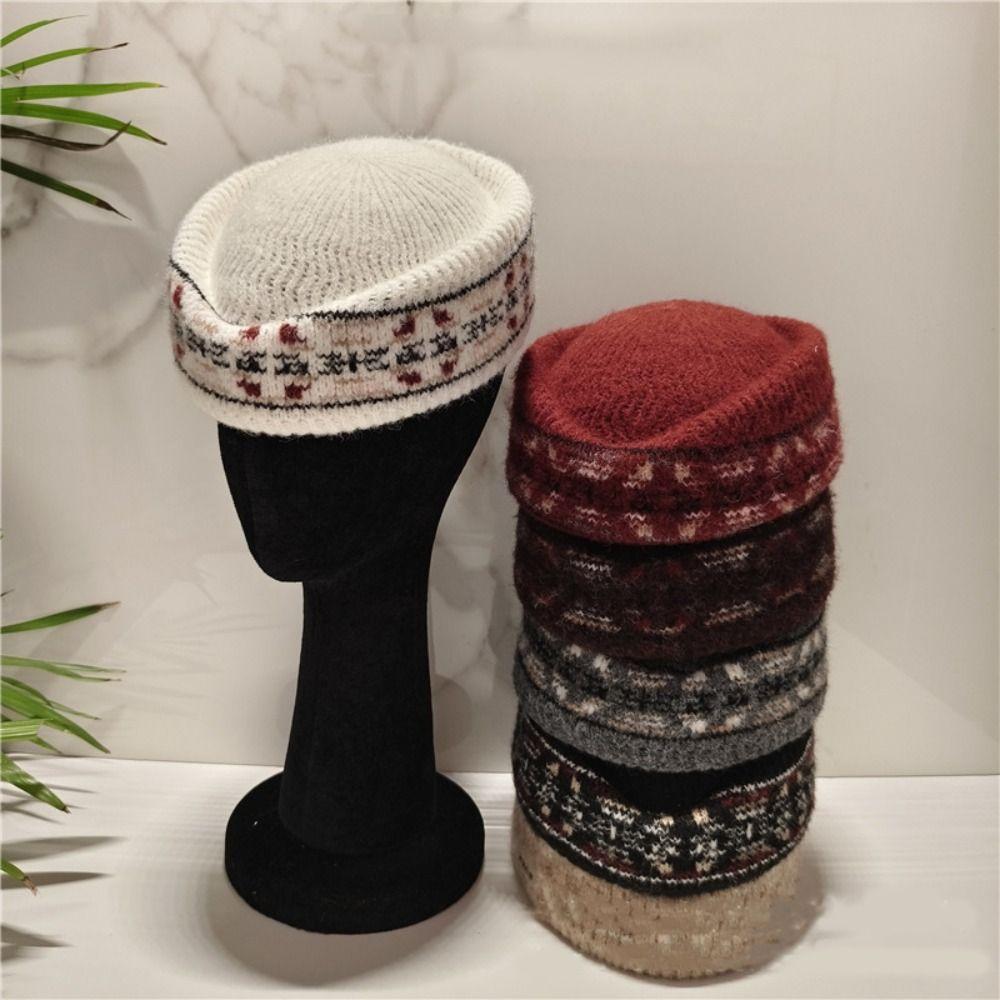 Elegant Fair Isle Pattern Pillbox Hat Jacquard Fedora Hat Fashion Knitted Beret Hat Performances