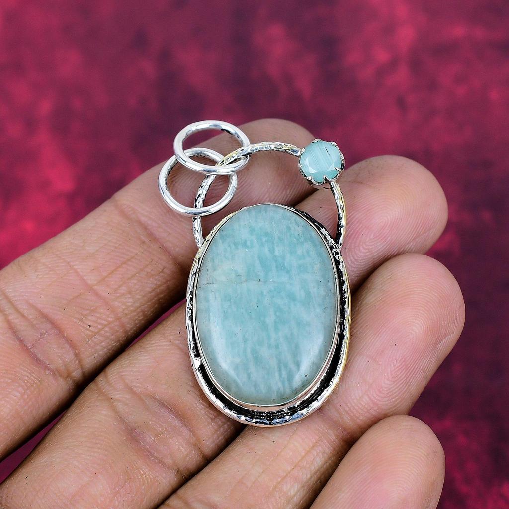 Amazonite & Aqua Chalcedony Gemstone Jewelry, 925 Solid Sterling Silver Pendant, Handmade Boho Amazonite Pendant For Gift